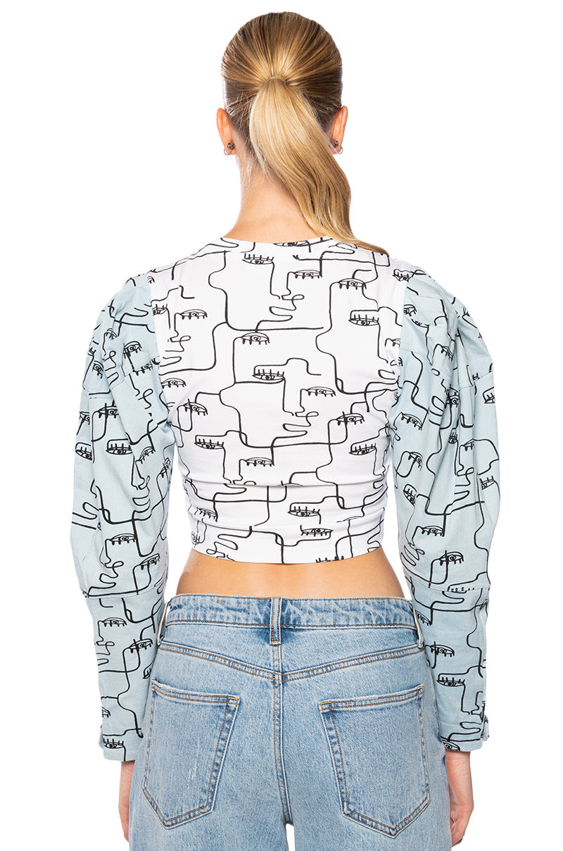 DENIM SLEEVE PRINTED SWEATSHIRT