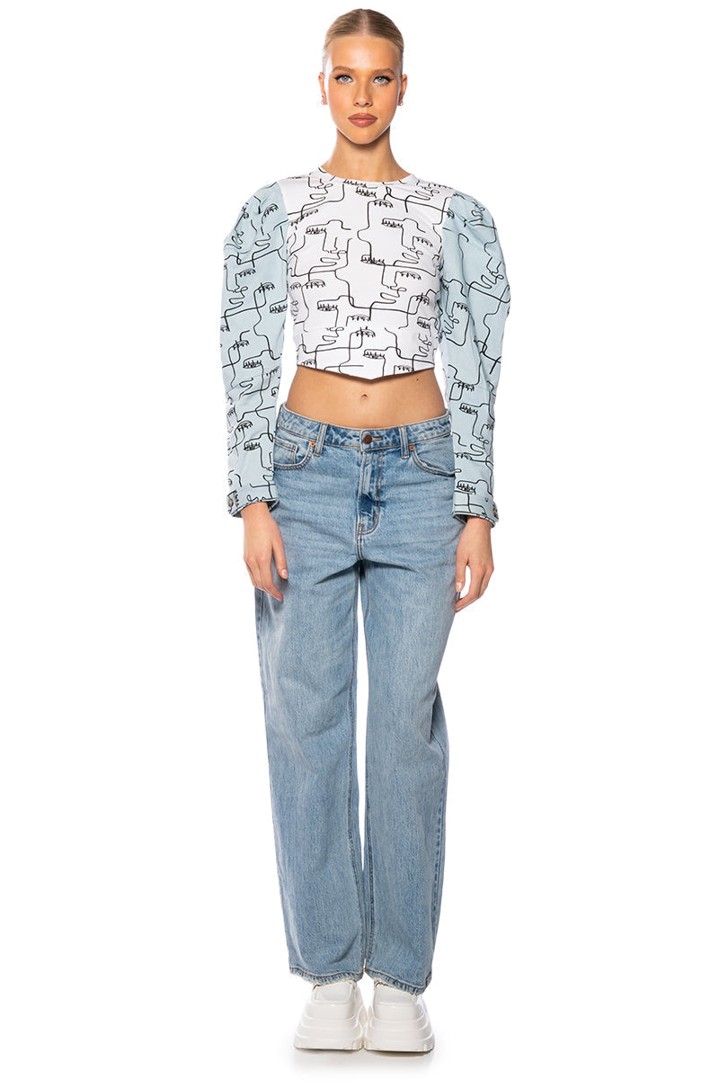 DENIM SLEEVE PRINTED SWEATSHIRT