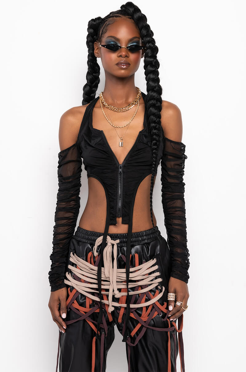 DIABOLICAL RUCHED LONG SLEEVE MESH BLOUSE
