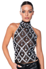 DIAMONDS ARE FOREVER MOCK NECK SLEEVELESS MESH TOP