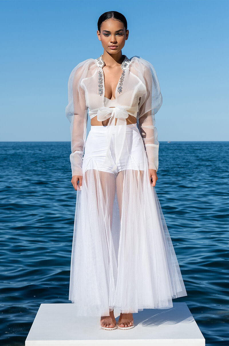 ANTOINETTE RHINESTONE TIE FRONT ORGANZA BLOUSE