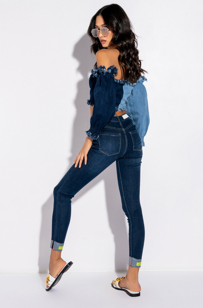DIANA OFF THE SHOULDER LONG SLEEVE DENIM TOP
