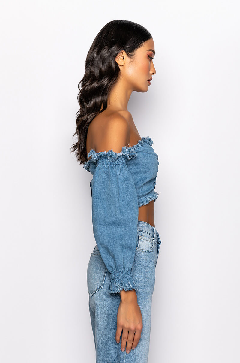 DIANA OFF THE SHOULDER LONG SLEEVE DENIM TOP