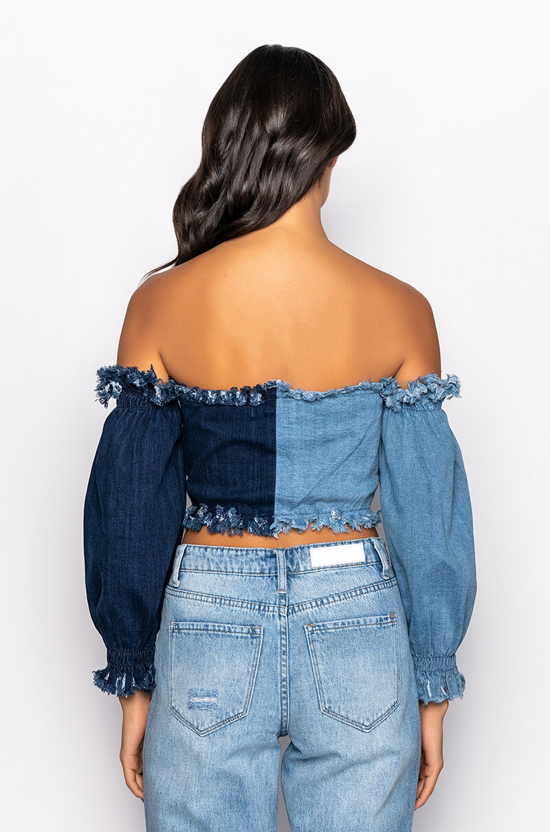 DIANA OFF THE SHOULDER LONG SLEEVE DENIM TOP