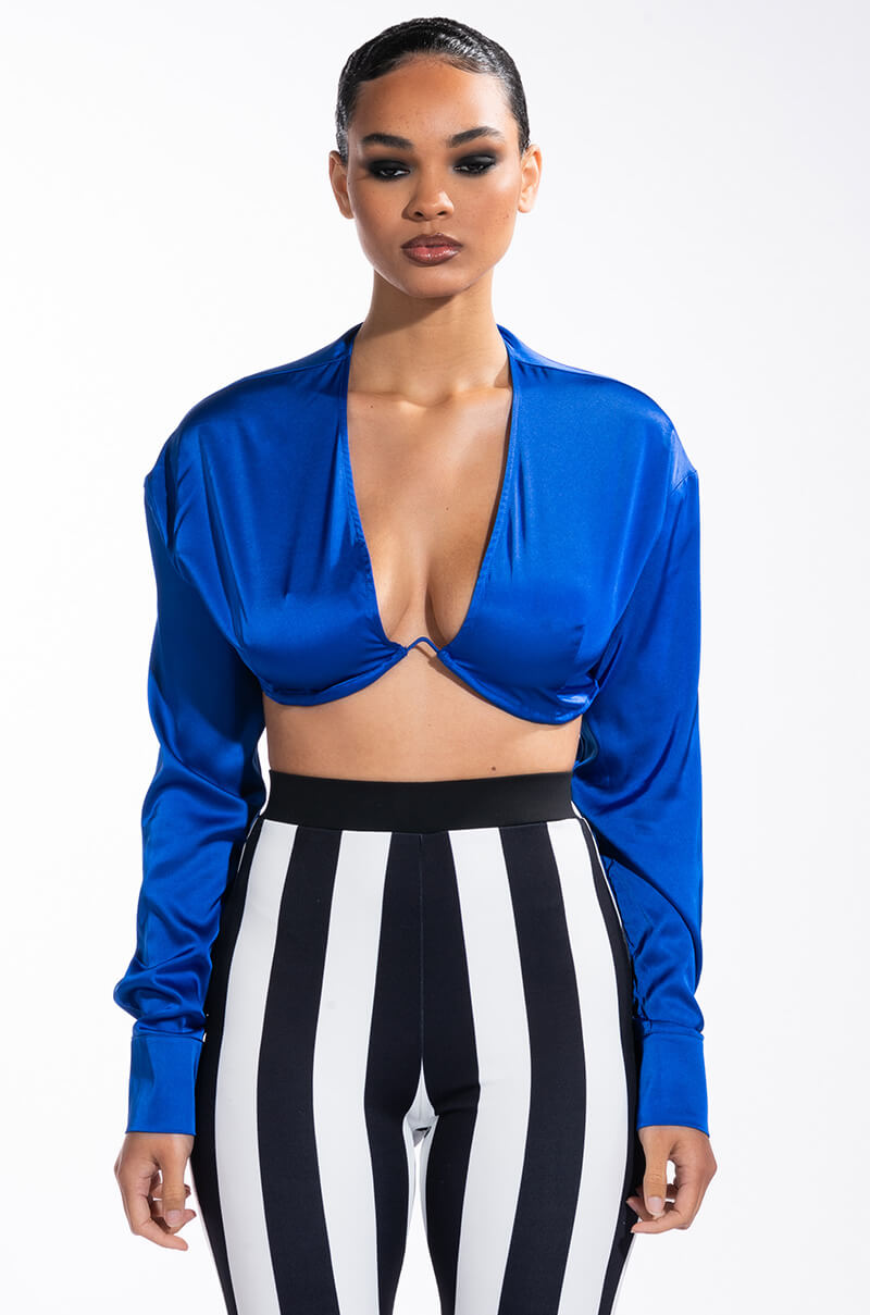 DOWN TO THE WIRE CROPPED LONG SLEEVE V NECK SATIN BLOUSE