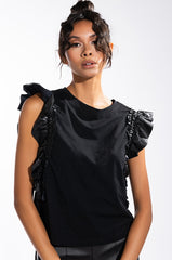 DREAM ON RUCHED SLEEVE CREW NECK TSHIRT