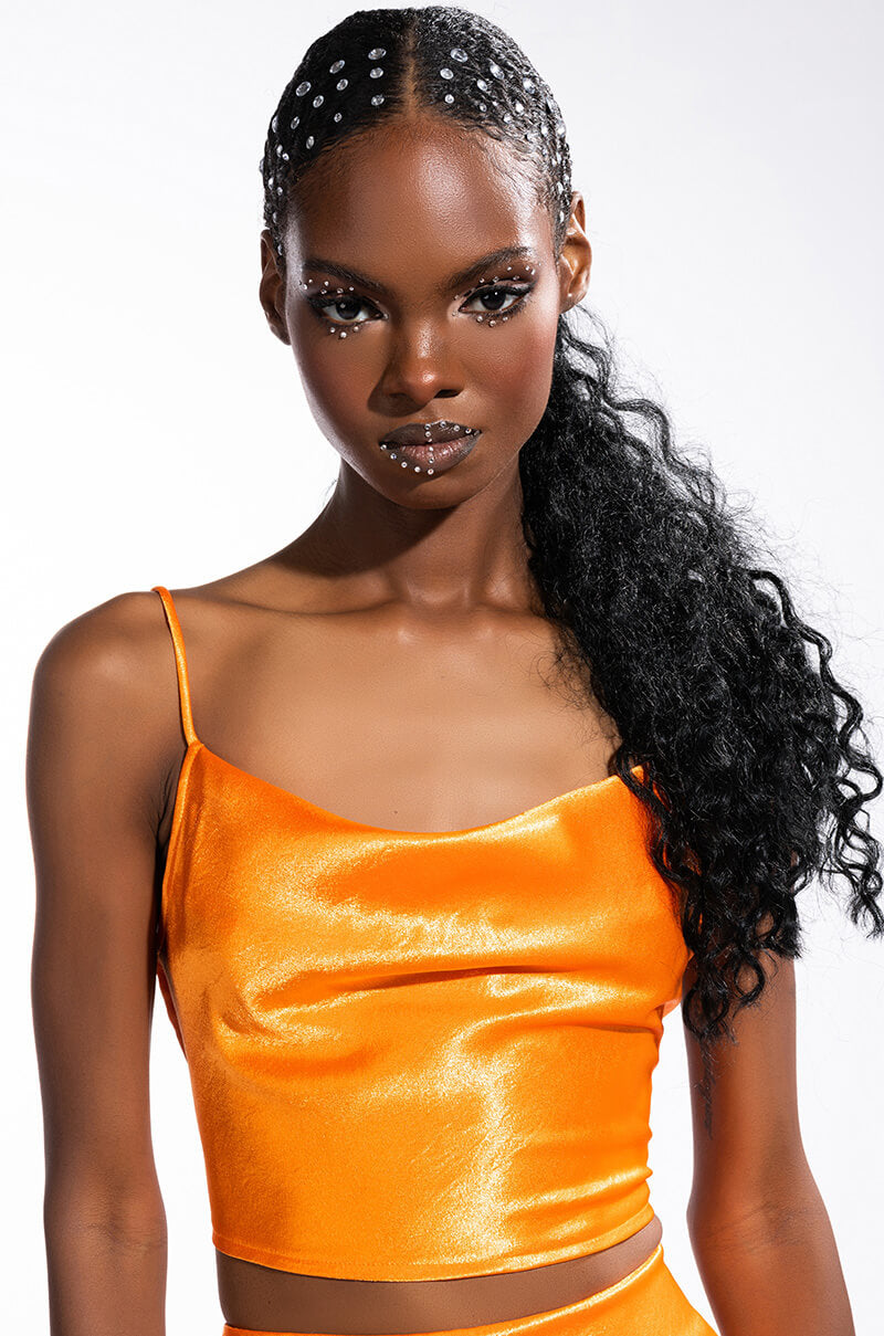 DUSK TILL DAWN CROPPED SLEEVELESS SATIN COWL NECK