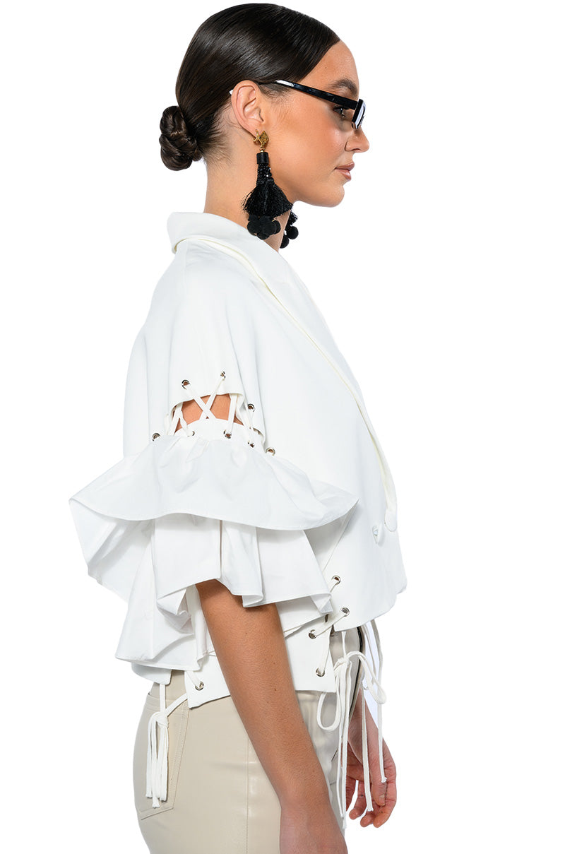 EASY DOES IT RUFFLE SLEEVE CROP BLAZER