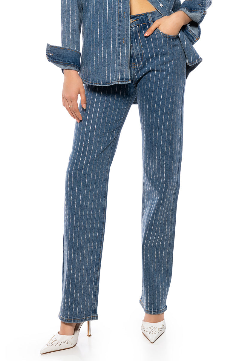EFFORTLESS GLAM RHINESTONE STRIPE WIDE LEG JEAN