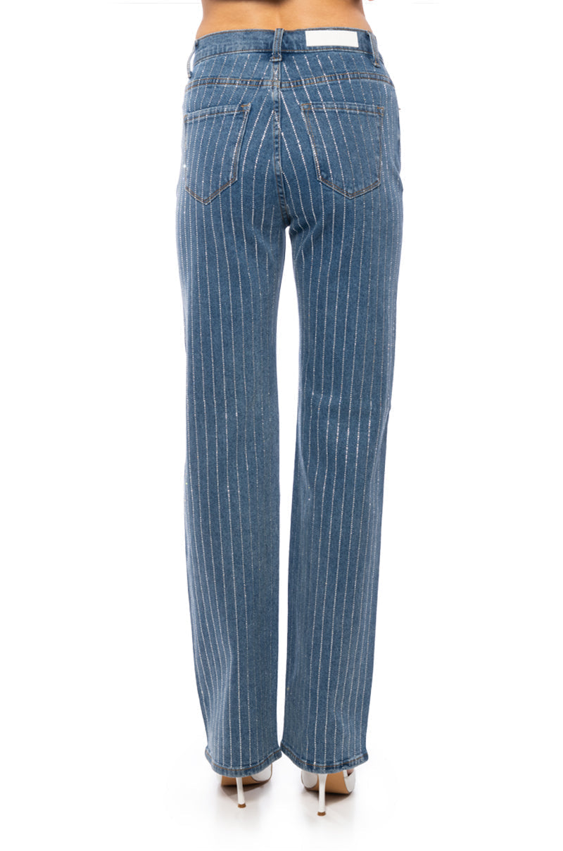 EFFORTLESS GLAM RHINESTONE STRIPE WIDE LEG JEAN