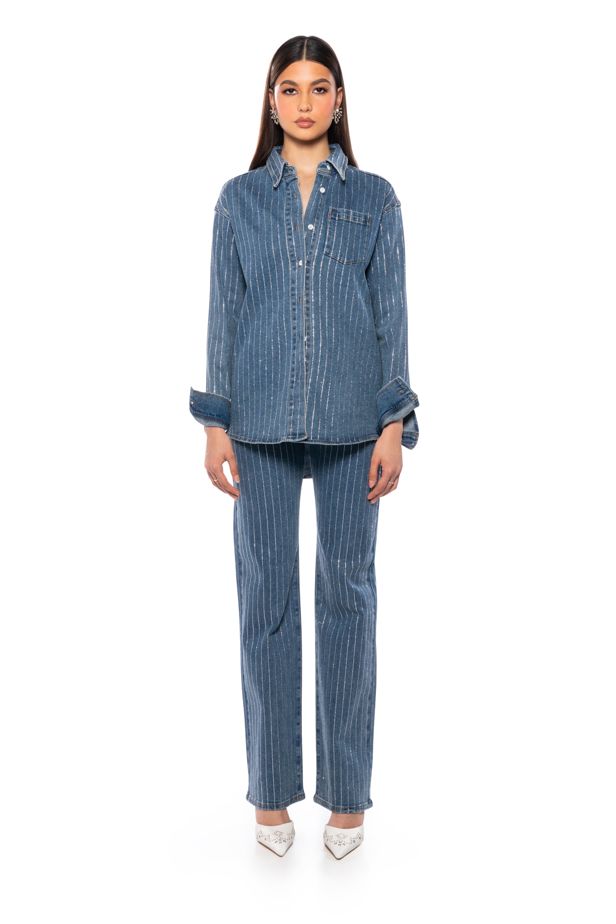 EFFORTLESS GLAM RHINESTONE STRIPE WIDE LEG JEAN