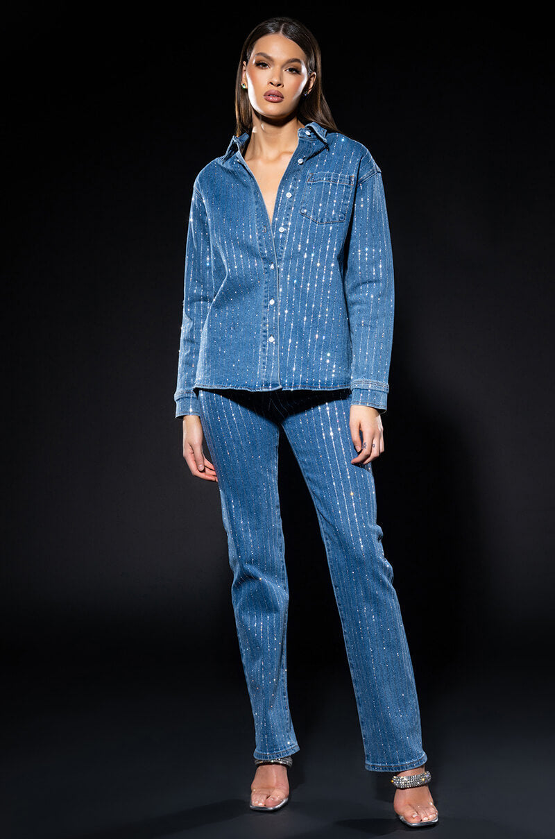 EFFORTLESS GLAM RHINESTONE STRIPE WIDE LEG JEAN