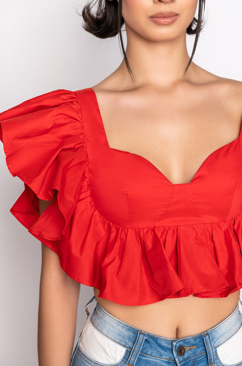 JUNO RUFFLE SLEEVE CROPPED POPLIN BLOUSE