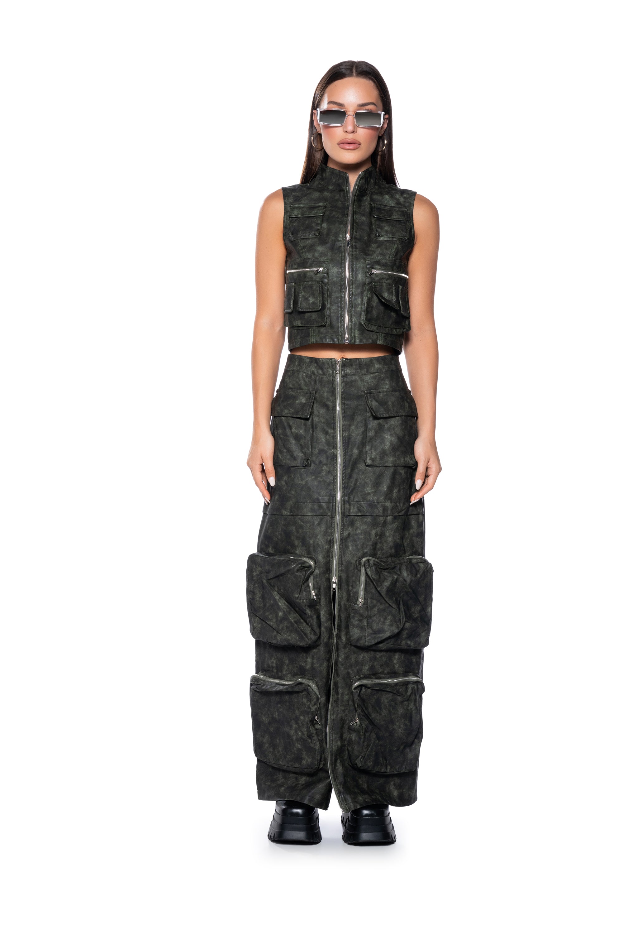 ELISIA DISTRESSED FAUX LEATHER CARGO MAXI SKIRT
