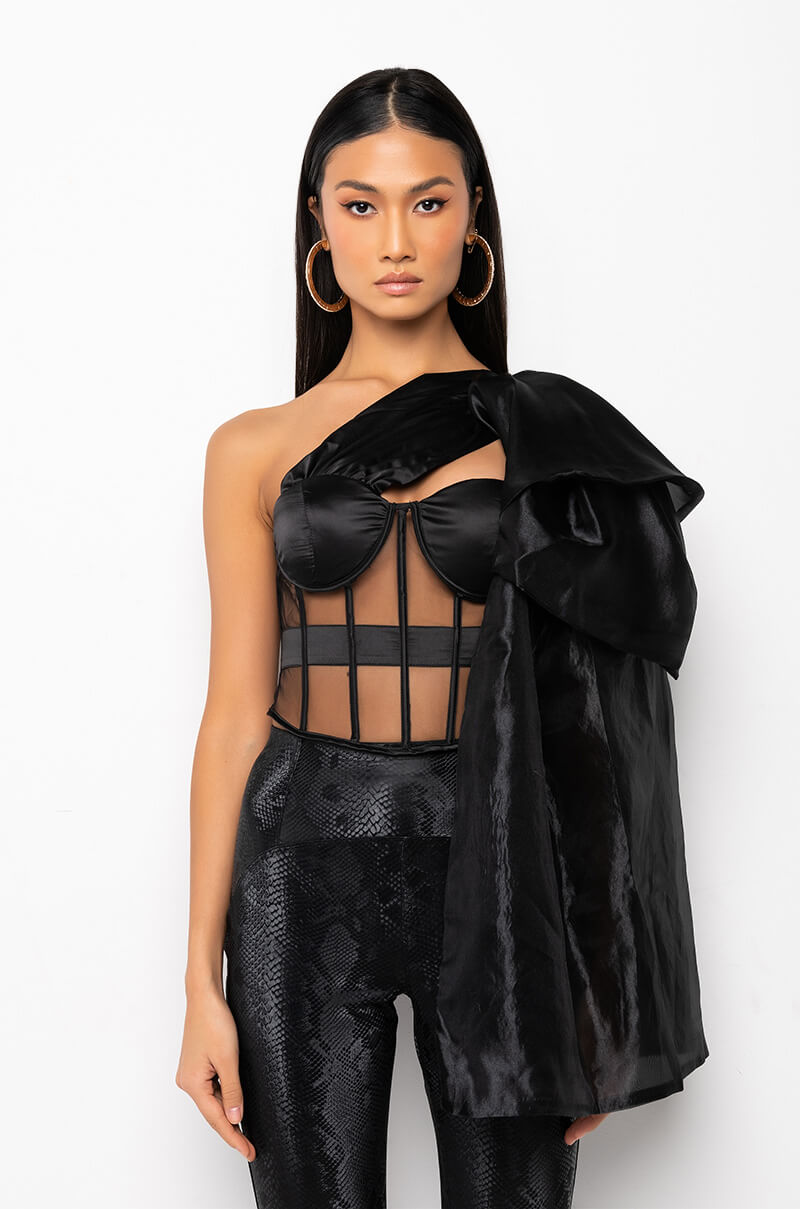 ENCORE ONE SHOULDER MESH PANEL CORSET