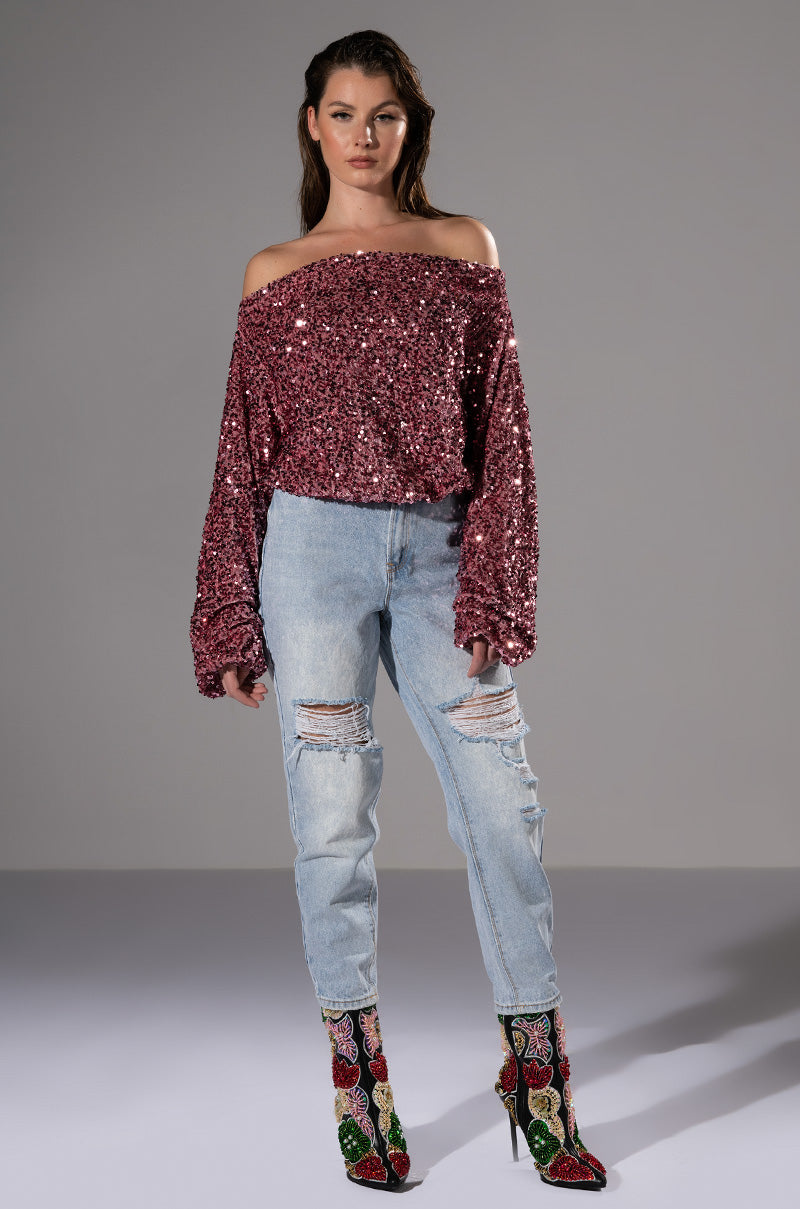 ENERGY OFF THE SHOULDER VELVET SEQUIN SWEATSHIRT