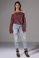ENERGY OFF THE SHOULDER VELVET SEQUIN SWEATSHIRT