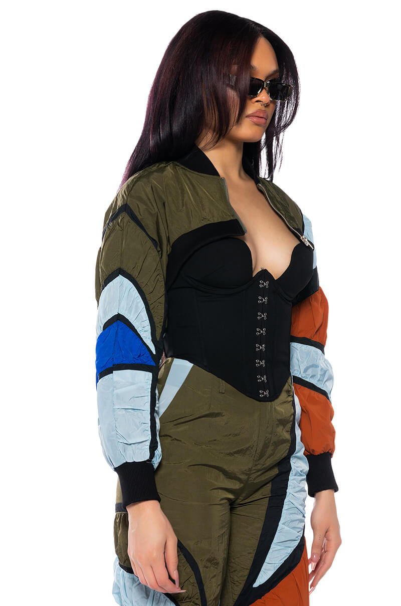 ENJOY THE RIDE MULTI COLORED CROP BOMBER