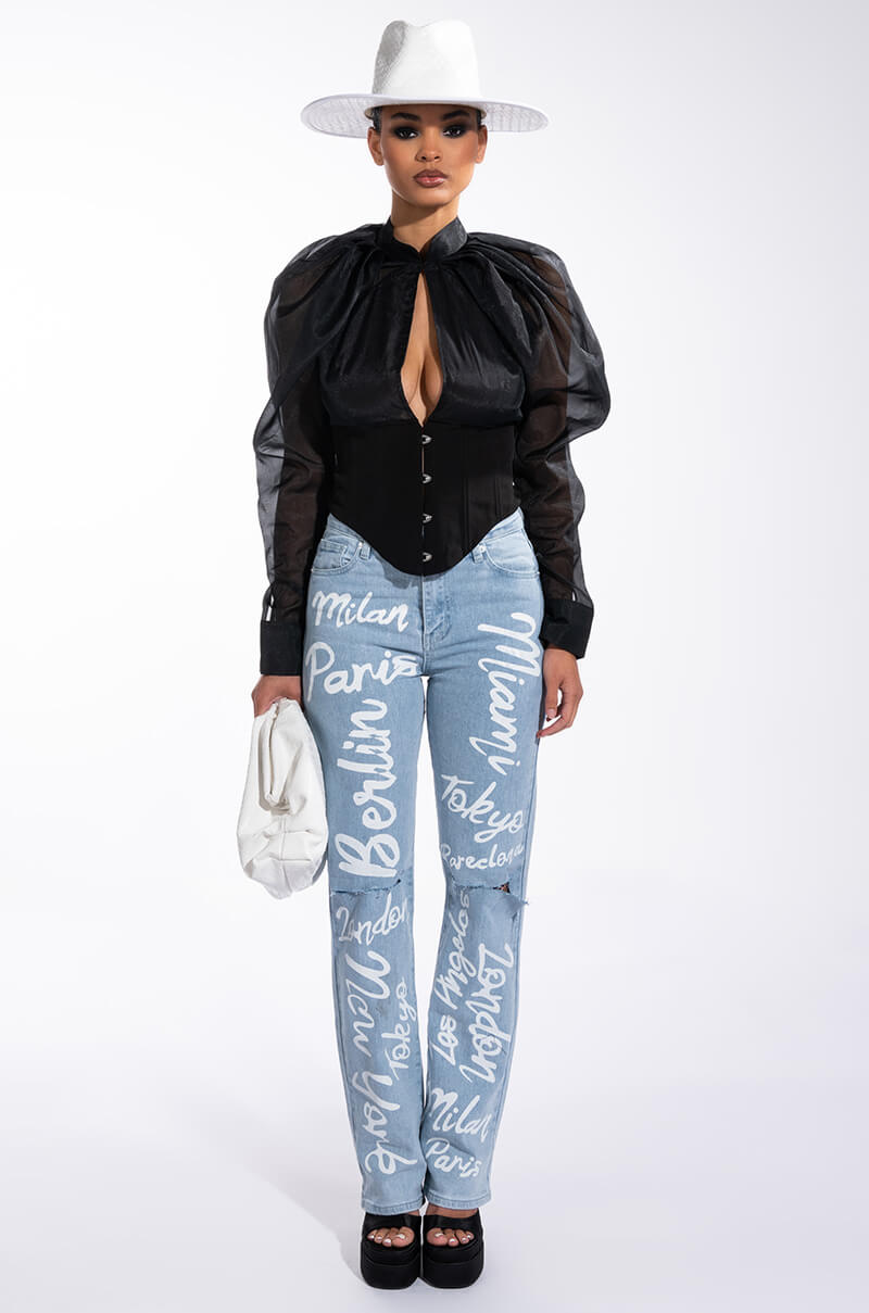 ENVIOUS CUTOUT LONG SLEEVE CORSET BLOUSE