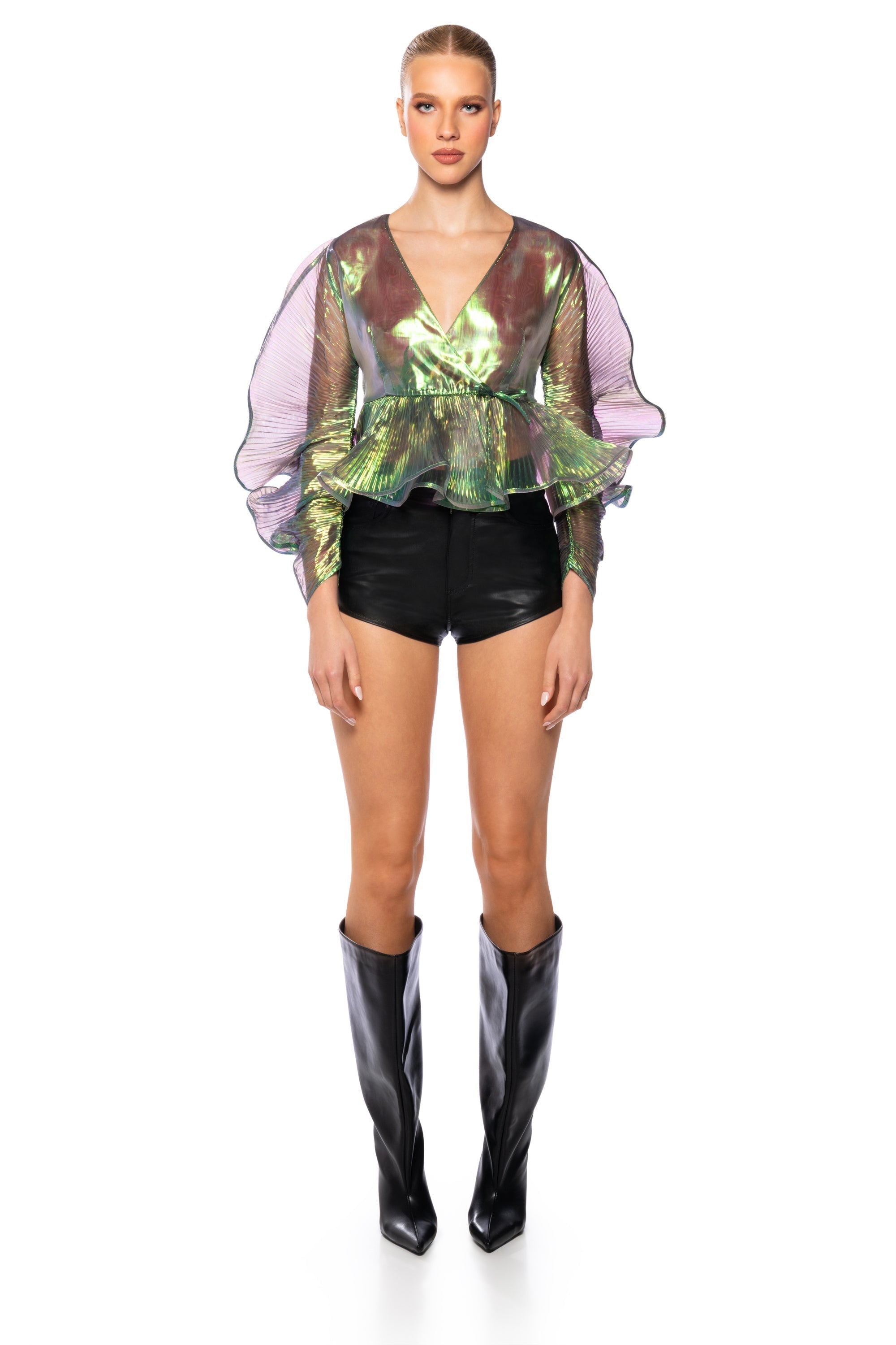 ETHEREAL PLEATED PEPLUM WRAP BLOUSE