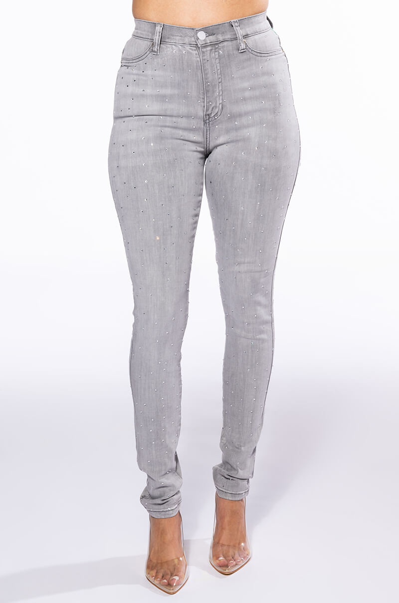 EXTREME STRETCH HIGH WAISTED SKINNY JEANS WITH RHINESTONES
