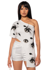 EYES ON THE PRIZE ASYMMETRICAL EMBELLISHED TOP IN WHITE
