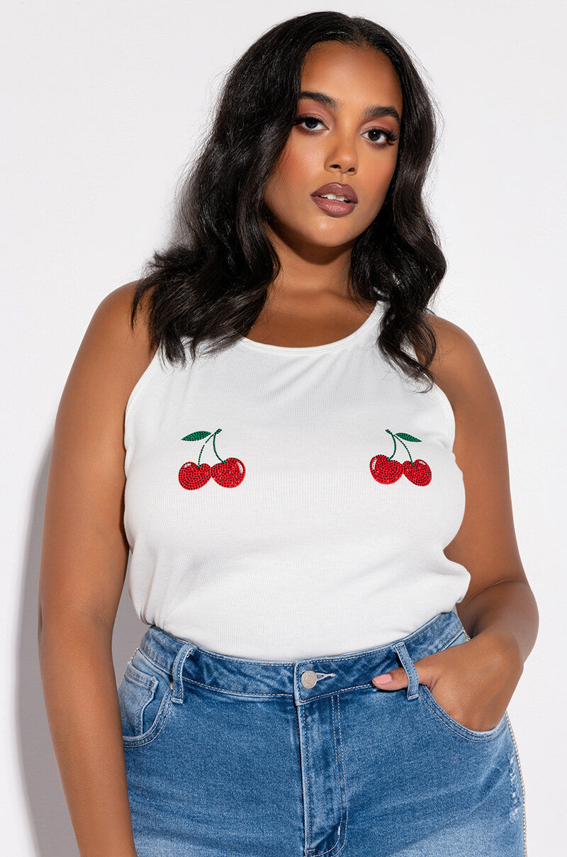 EYES UP HERE RHINESTONE TANK