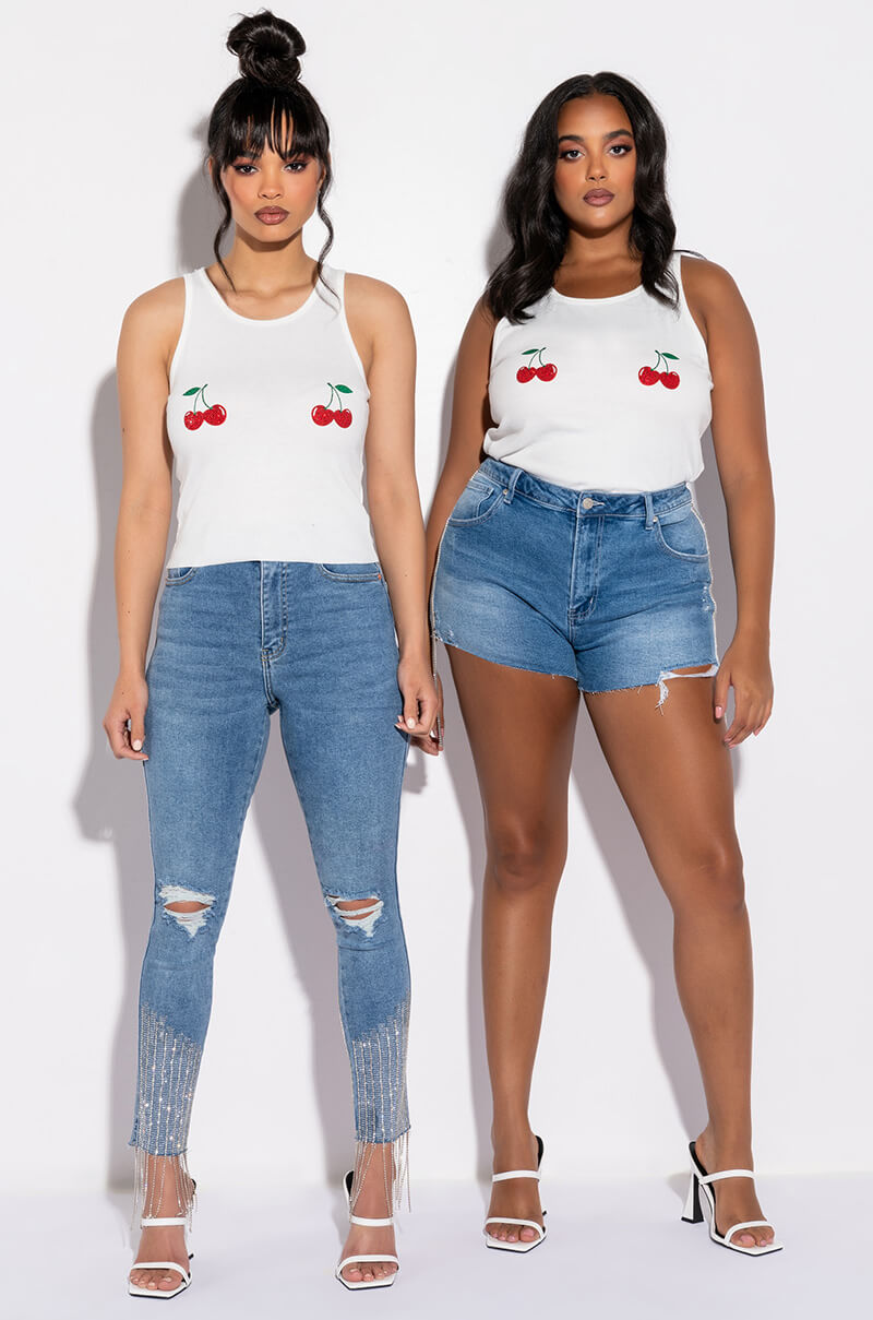 EYES UP HERE RHINESTONE TANK