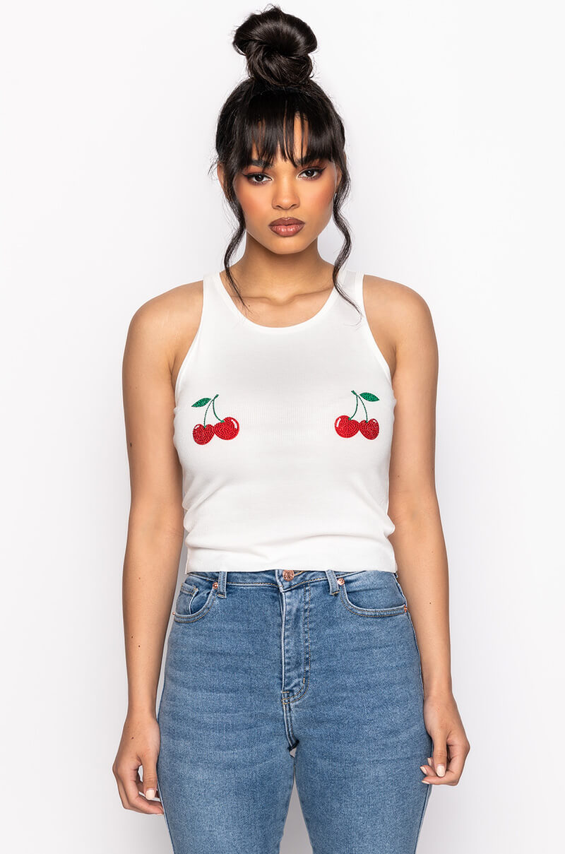 EYES UP HERE RHINESTONE TANK