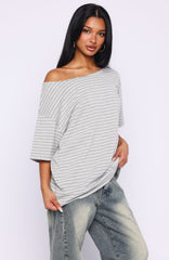 Give Me Options Off Shoulder Tee Grey/White Stripe