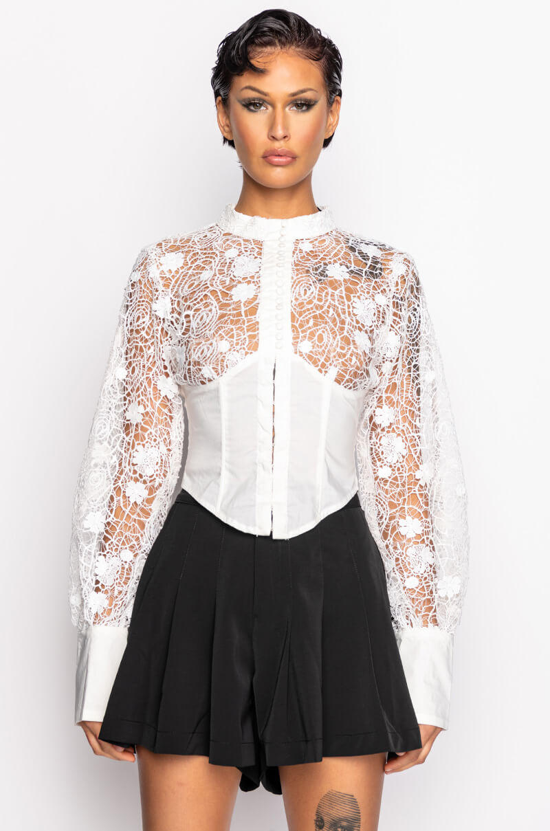 FANTASY LONG SLEEVE MOCK NECK LACE BLOUSE