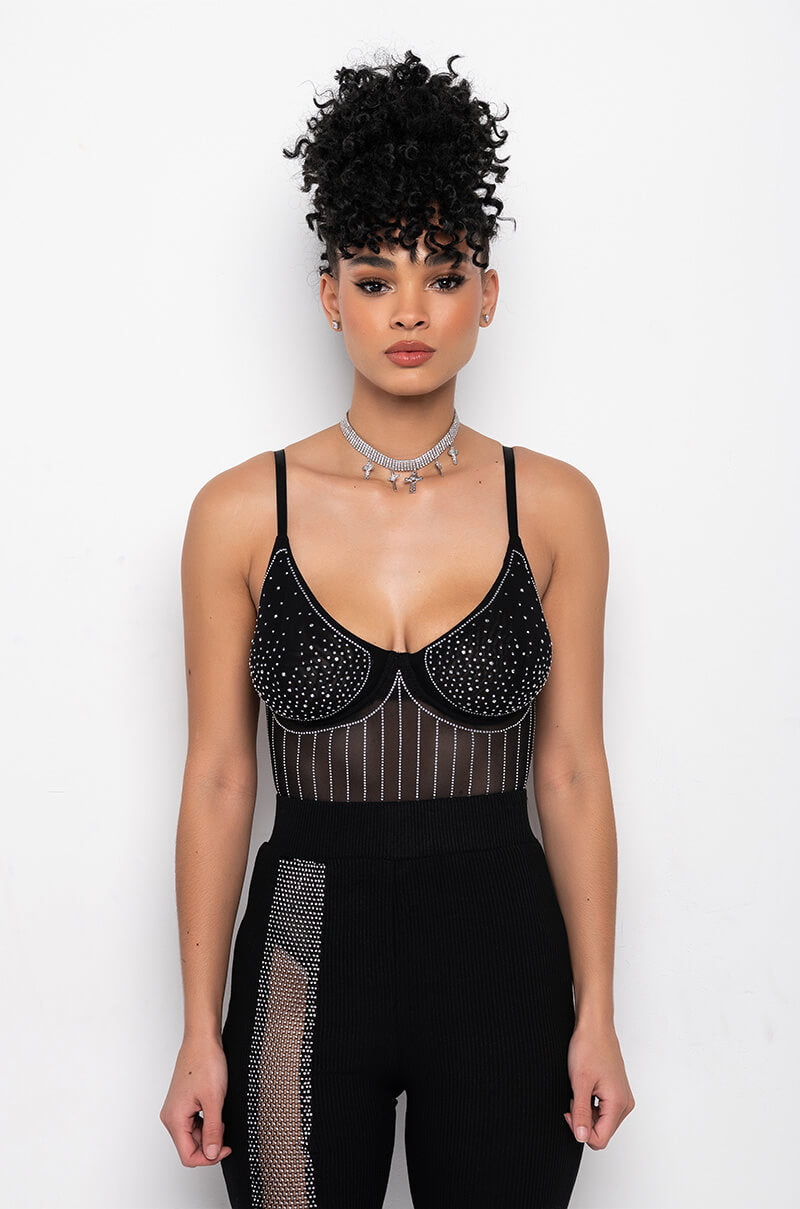 FASHIONABLY LATE RHINESTONE MESH BODYSUIT