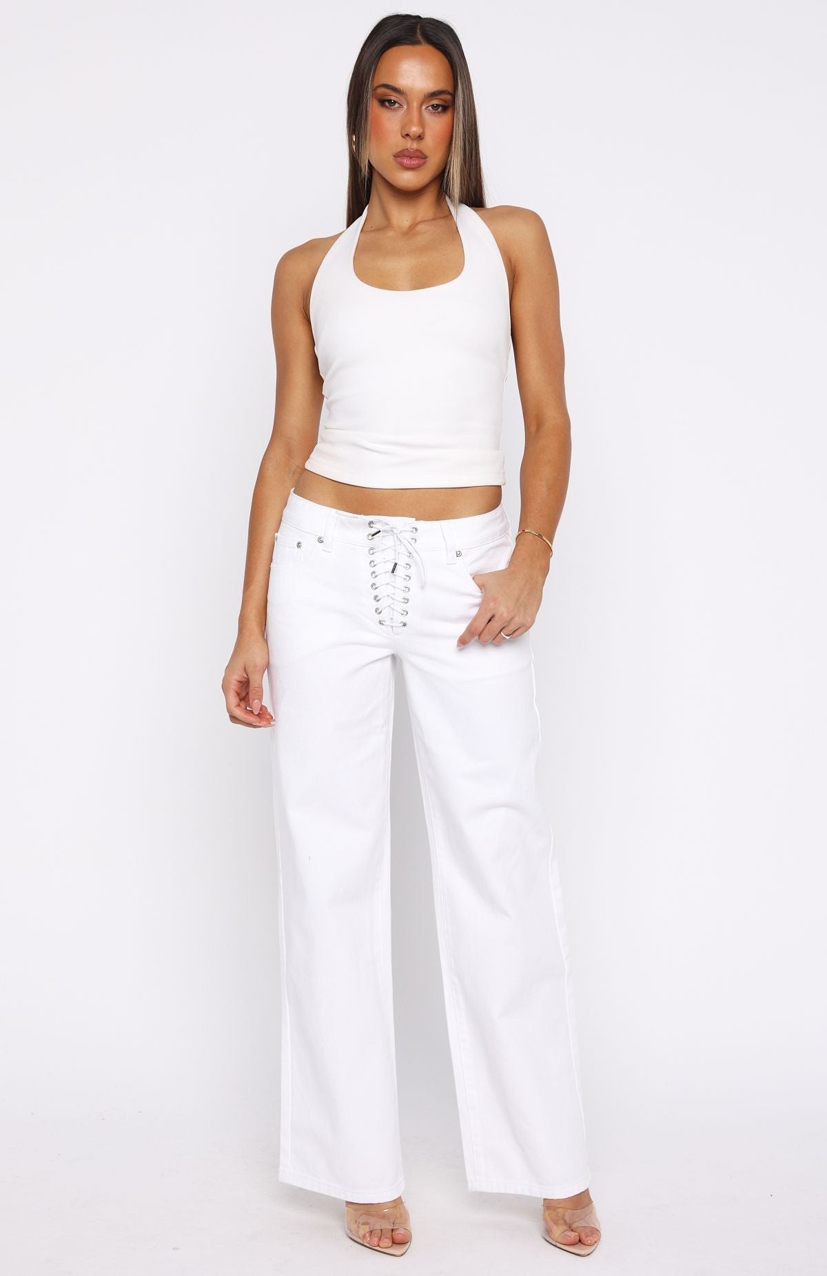Making Appearances Mid Rise Lace Up Straight Leg Jeans White