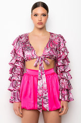 GINA TIE FRONT RUFFLE SLEEVE BLOUSE