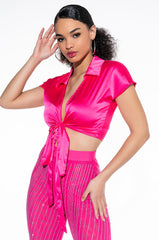 FEELING IT TIE FRONT SHORT SLEEVE SATIN BLOUSE