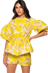 FIELD OF ROSES SHORT SLEEVE BROCADE BLOUSE