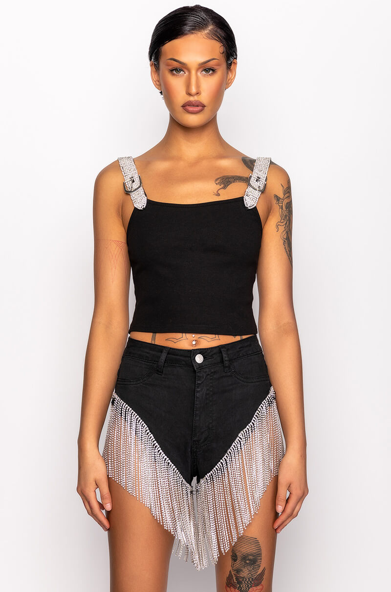 FINER THINGS RHINESTONE STRAP RIBBED TANK