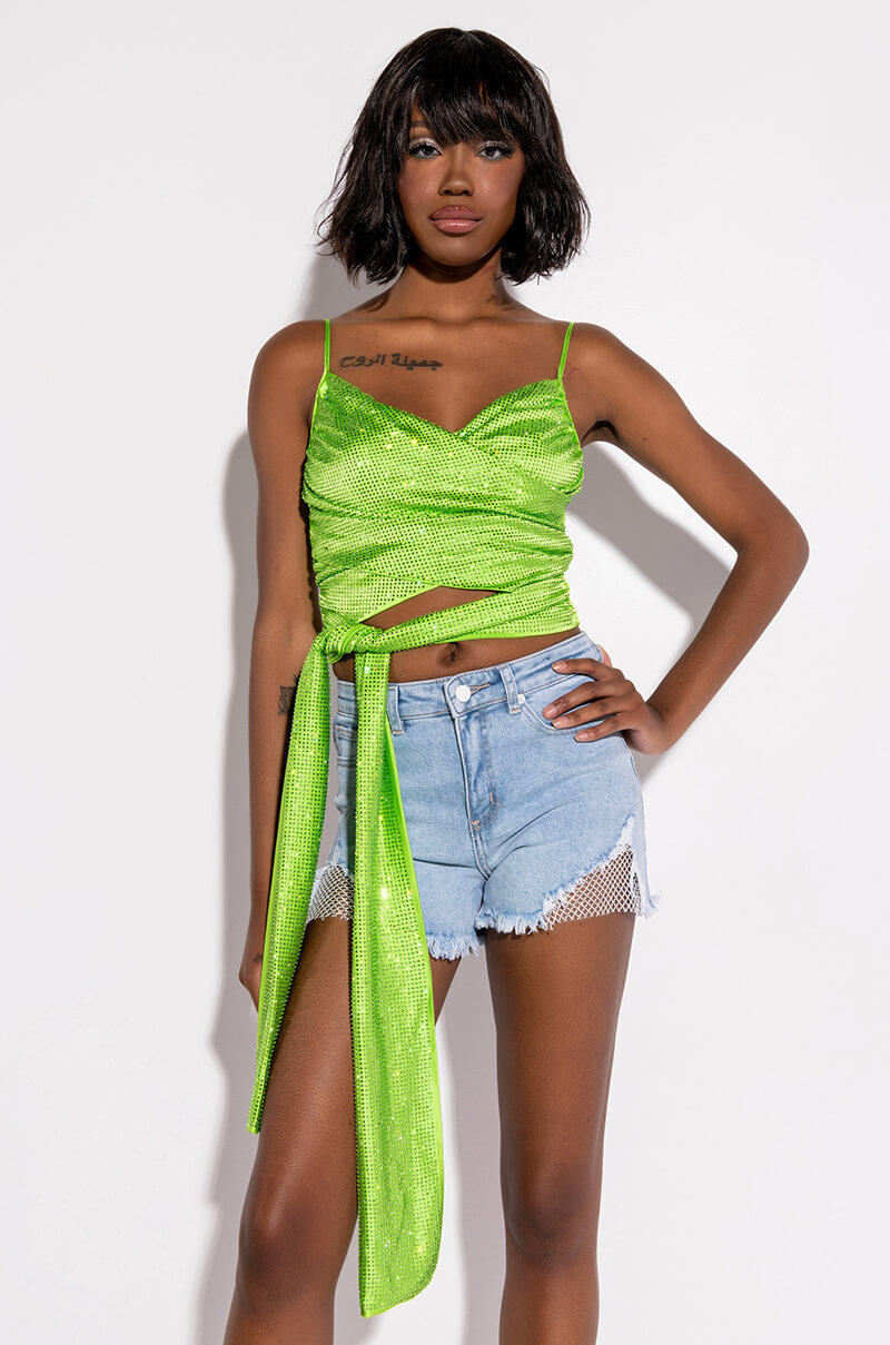 FIVE O'CLOCK SOMEWHERE SLEEVELESS RHINESTONE SATIN BLOUSE