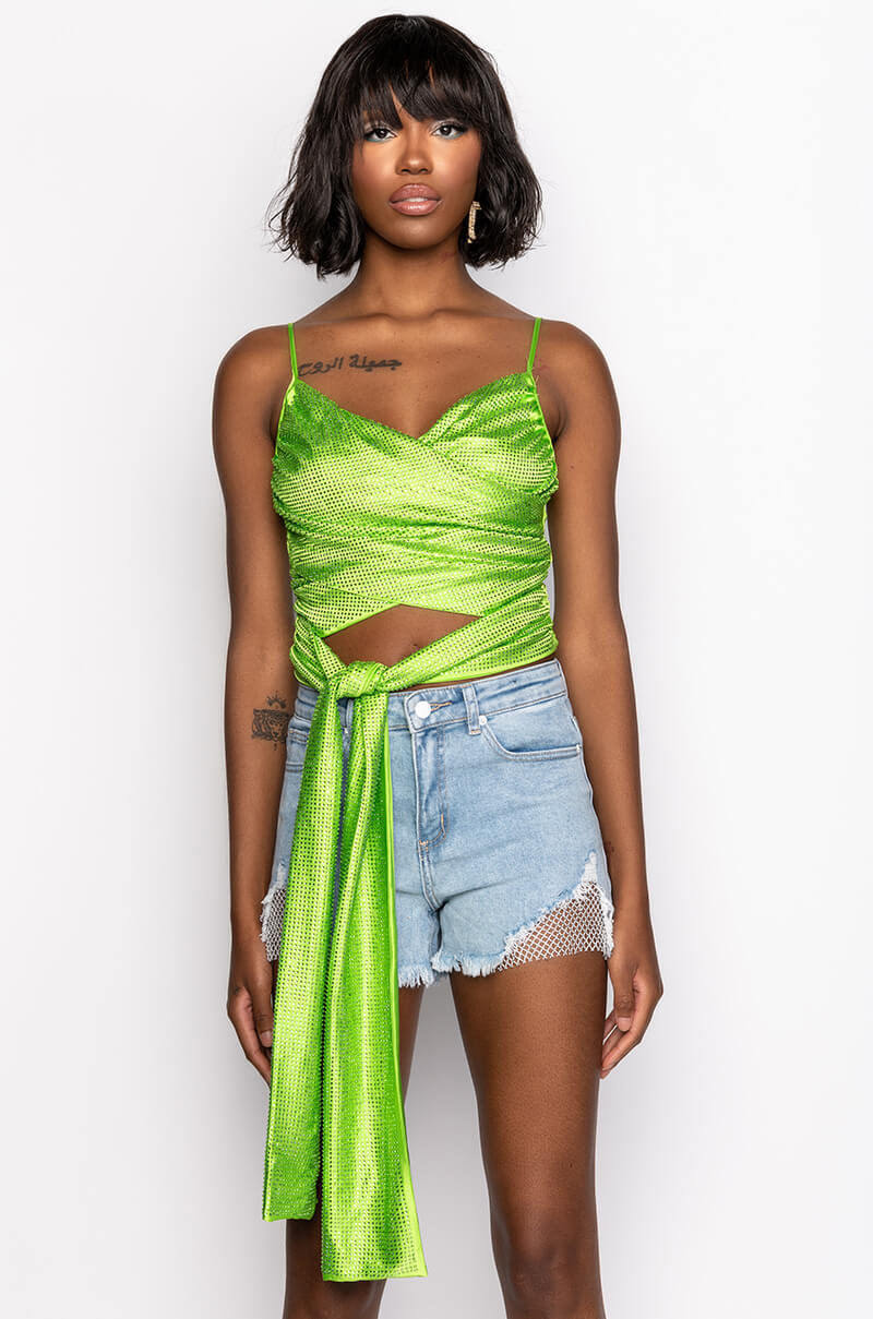 FIVE O'CLOCK SOMEWHERE SLEEVELESS RHINESTONE SATIN BLOUSE