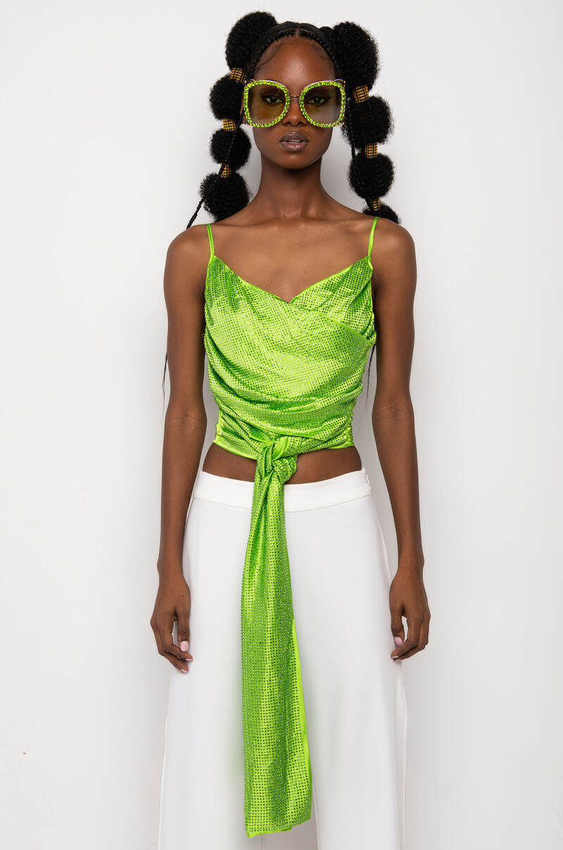 FIVE O'CLOCK SOMEWHERE SLEEVELESS RHINESTONE SATIN BLOUSE