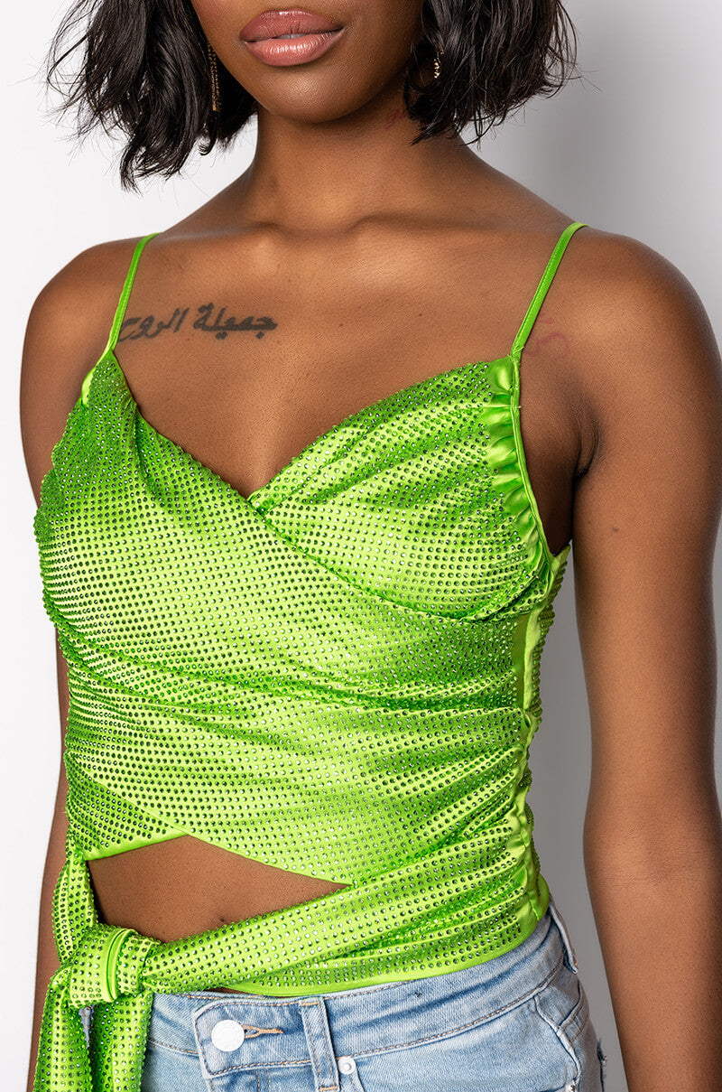 FIVE O'CLOCK SOMEWHERE SLEEVELESS RHINESTONE SATIN BLOUSE