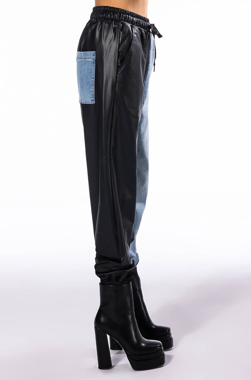 FLEX FIT EXTREME STRETCH HALF AND HALF FAUX LEATHER JOGGER