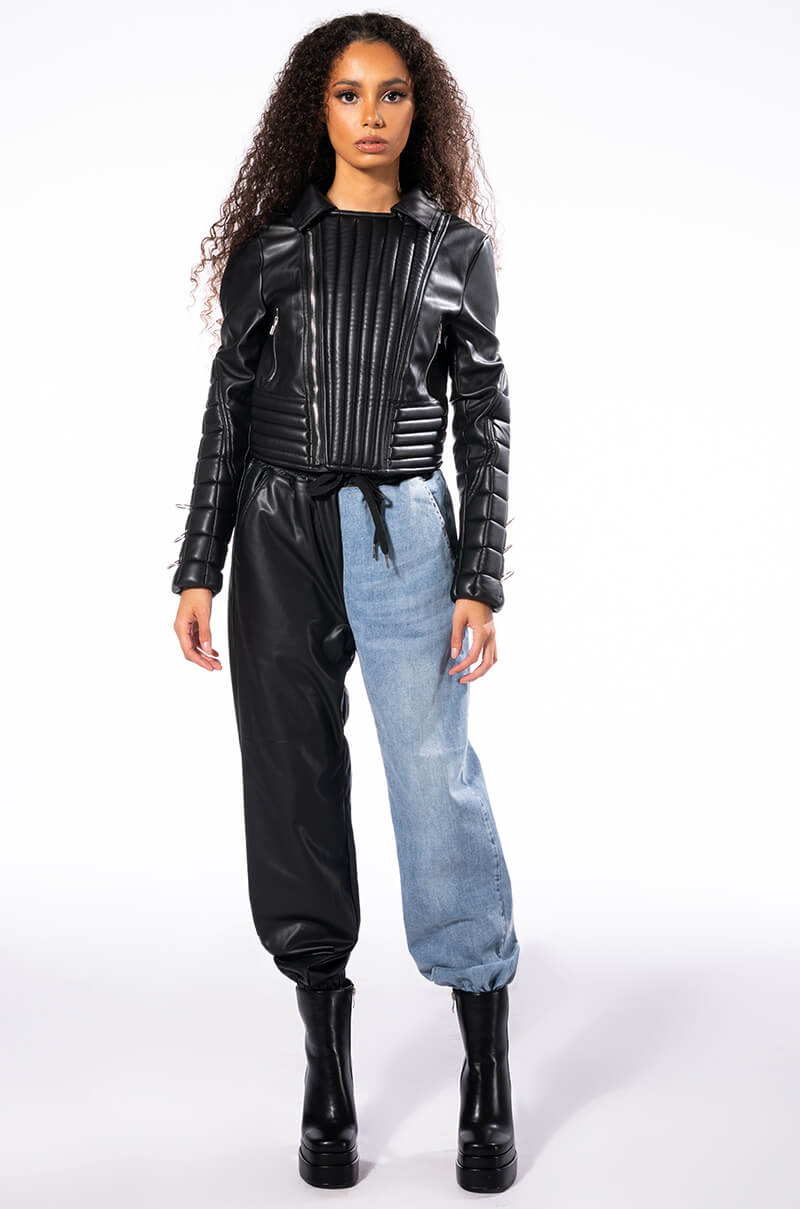FLEX FIT EXTREME STRETCH HALF AND HALF FAUX LEATHER JOGGER
