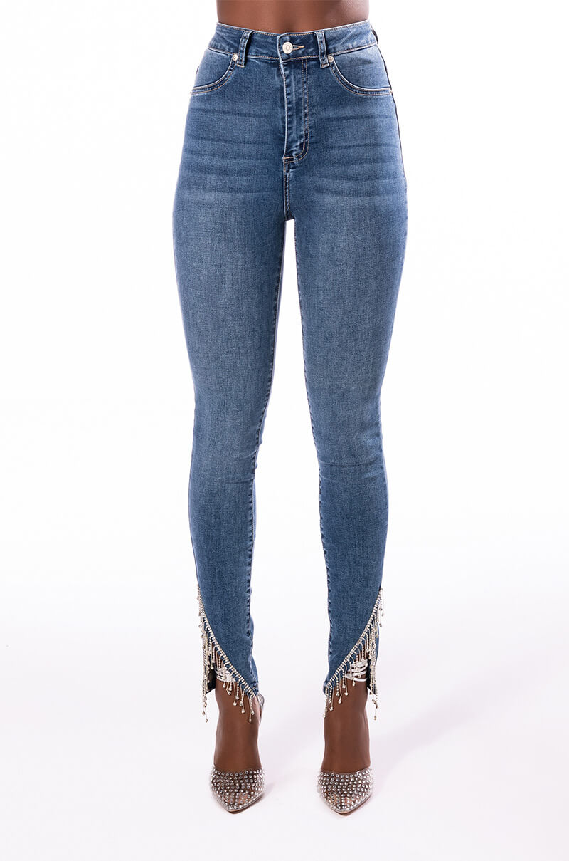 EXTREME STRETCH HIGH RISE SKINNY JEANS RHINESTONE