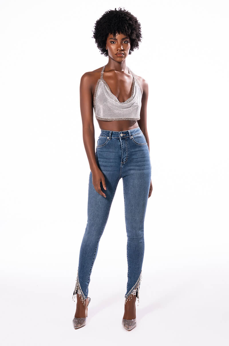 EXTREME STRETCH HIGH RISE SKINNY JEANS RHINESTONE