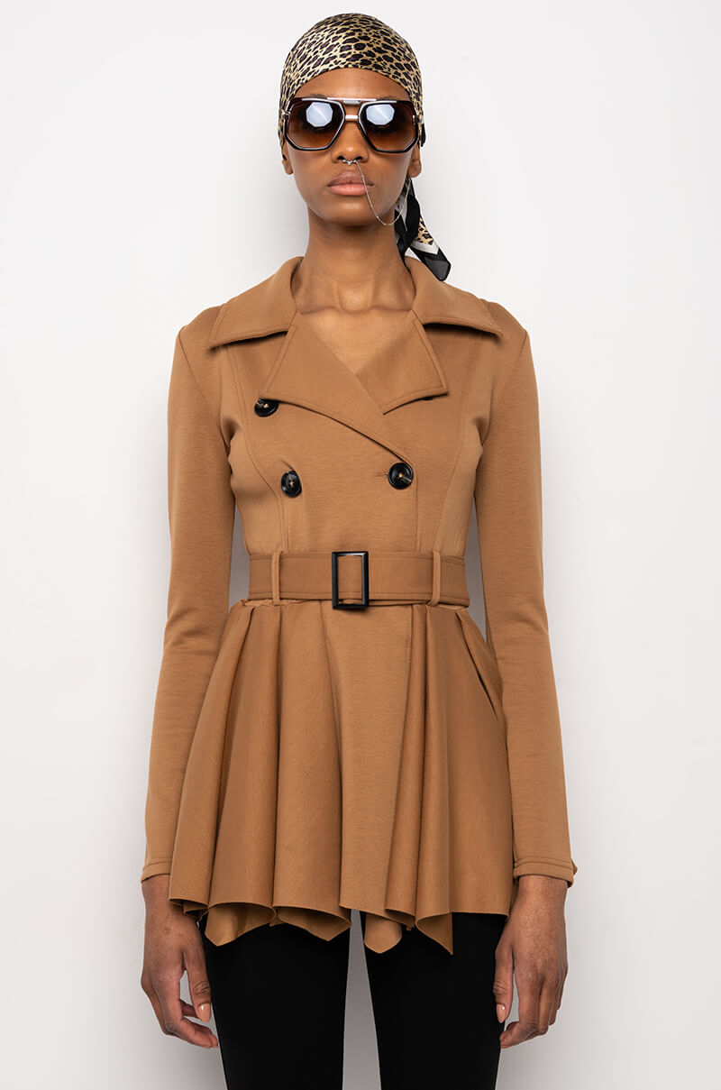 STRETCHY PEPLUM TRENCH JACKET IN SCUBA