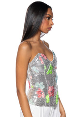 FLOWER POWER SEQUIN COVERED CORSET TOP