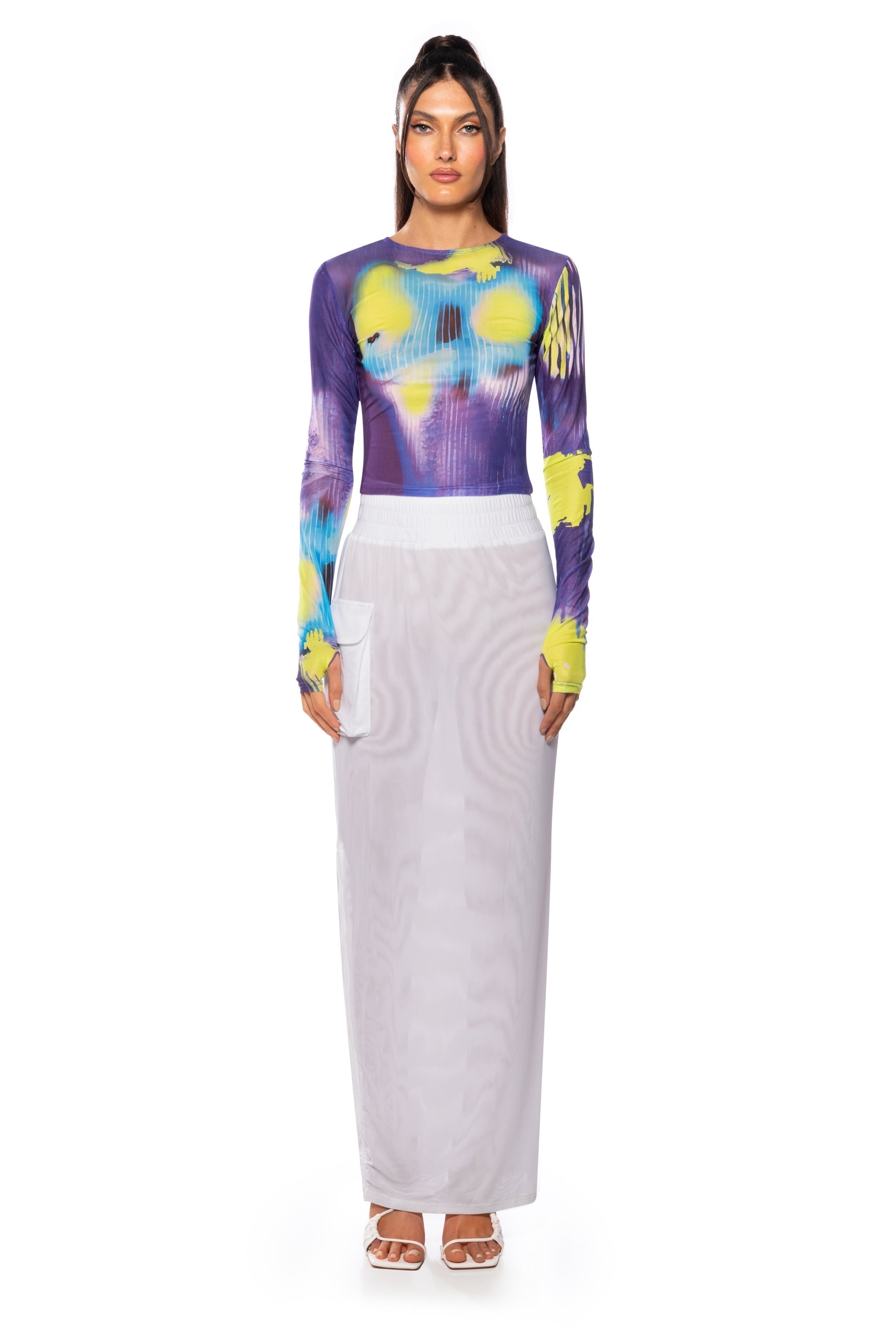 FOLLOW ME ADJUSTABLE DOUBLE MESH CARGO SKIRT IN WHITE