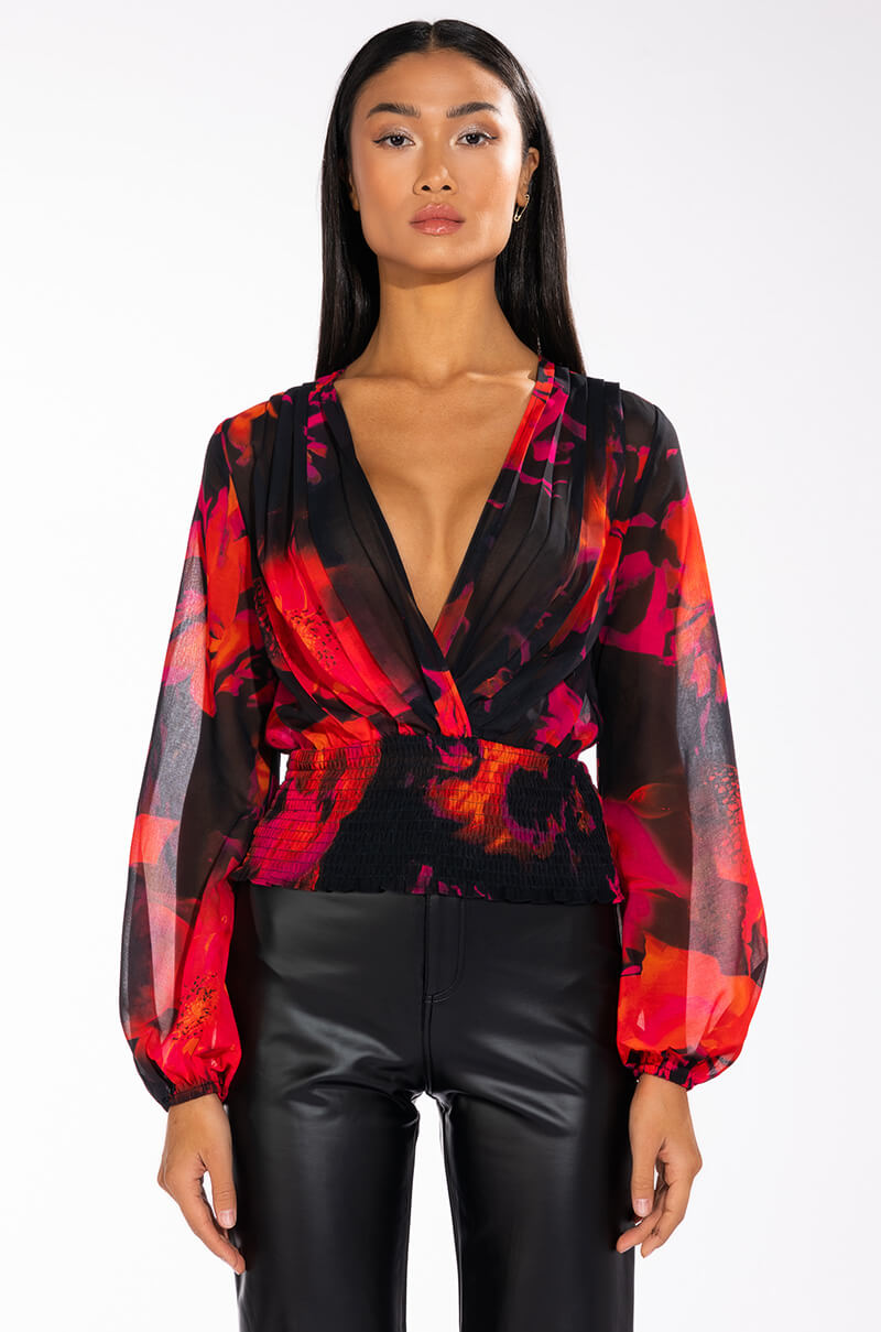FOR THE THRILL OF IT LONG SLEEVE VNECK SURPLICE BLOUSE