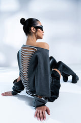 SPOTLIGHT SHREDDED ZIP SLEEVE SWEATSHIRT